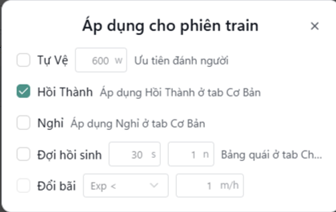 Hộp Áp dụng cho phiên train với Tự Vệ, Hồi Thành, Nghỉ, Đợi hồi sinh, Minimap + B.Kính, Thay đồ, Đổi bãi