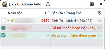 Ba dòng nhân vật: một dòng bình thường có ♛, một dòng đỏ sai mật khẩu, một dòng vàng đang đăng nhập