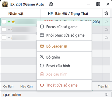 Menu chuột phải trên một dòng nhân vật