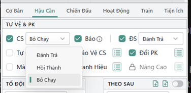 Khối Tự Vệ & PK với ô CS, Báo, ĐS và danh sách cách phản ứng