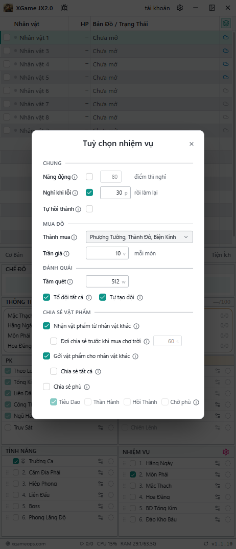 Modal Tuỳ chọn nhiệm vụ