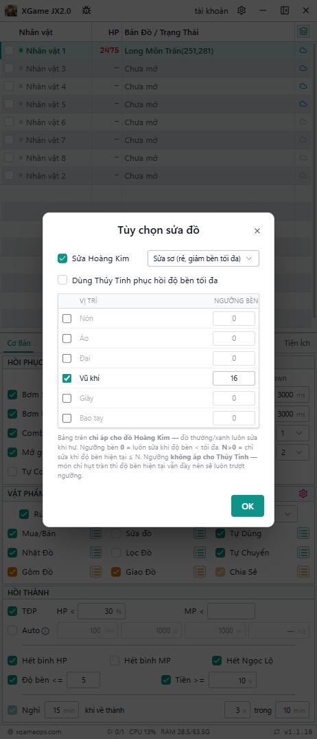Tùy chọn sửa đồ
