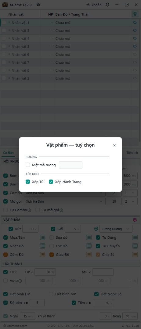 Phần Xếp kho trong Vật phẩm — tuỳ chọn